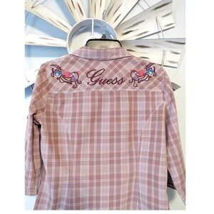 GUESS Plaid Western Button-Up Blouse Embroidered Logo Back Floral Y2K Large‎